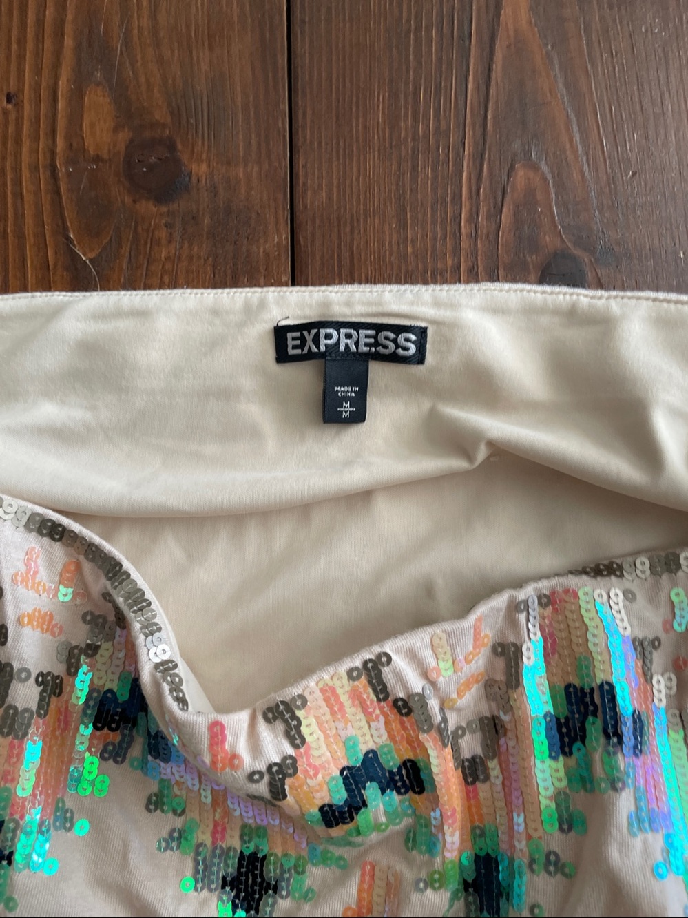 Express Beaded Mini Skirt - Beige with Blue & Green Sequins - Picture 2 of 2